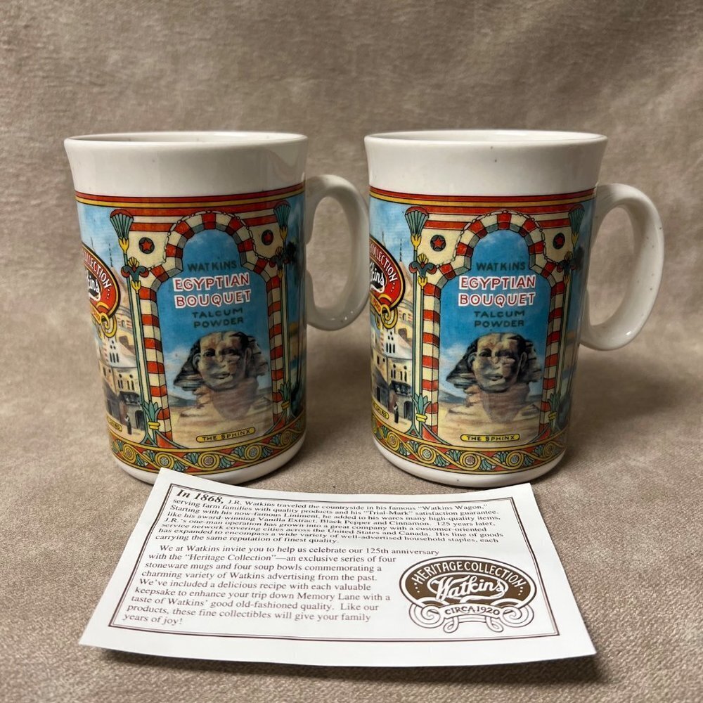 2 Watkins Heritage Coffee Mugs Cups Advertising Egyptian Talcum (New)